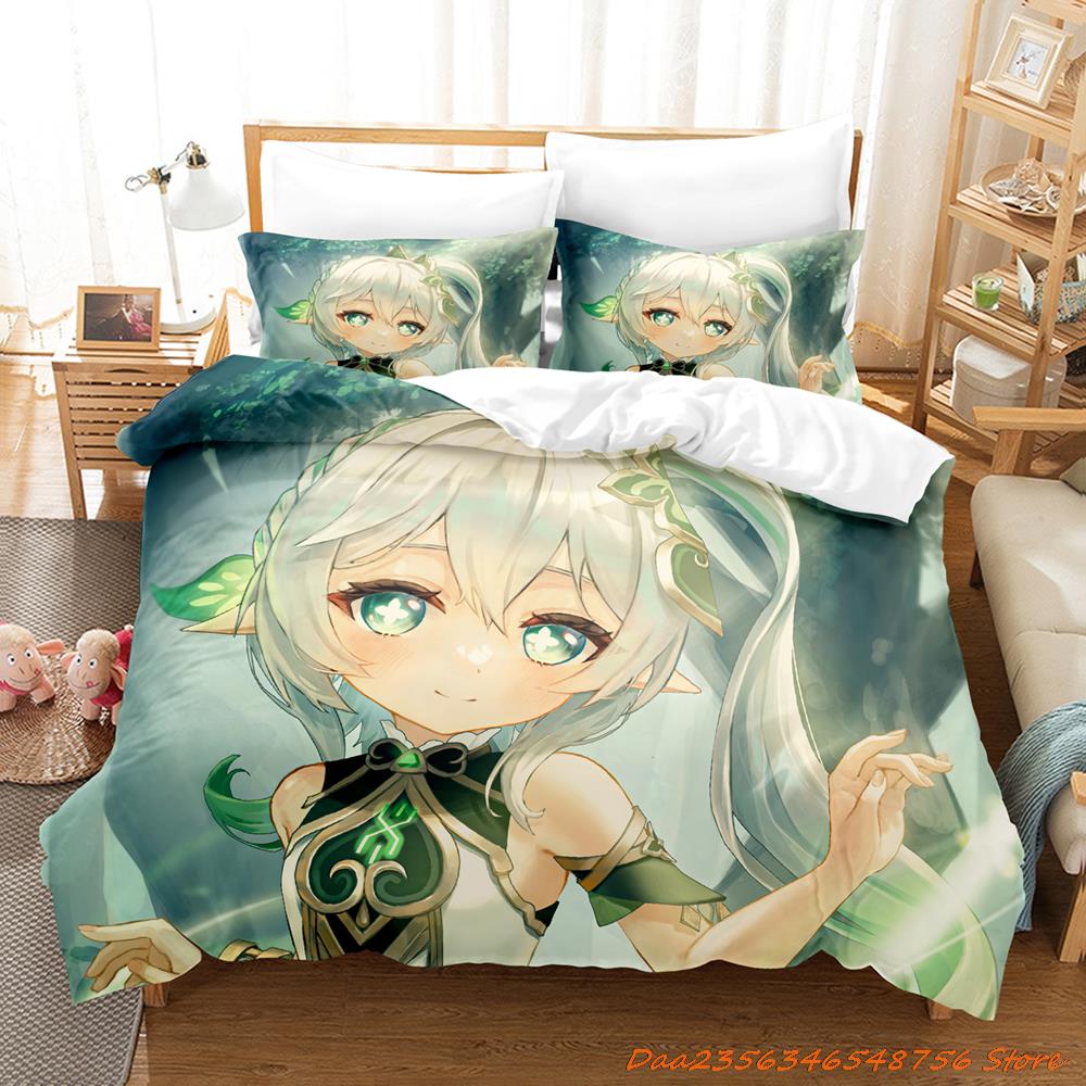 New Game Nahida Genshin Impact Bedding Collection Cartoon Anime ThreePiece Set Adult Kid Bedroom Duvetcover Collections 3D Kawaii Girls