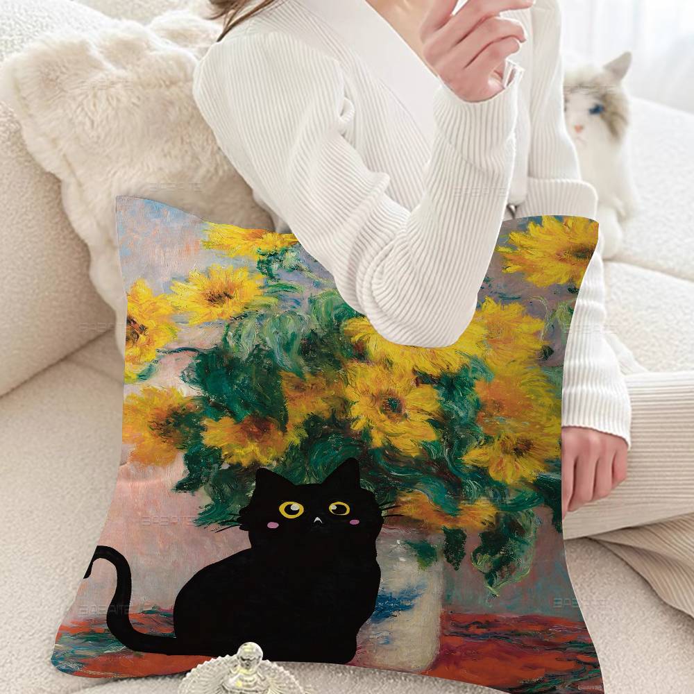 Svart Katt Van Gogh Kuddfodral Tecknad Gåva Kuddfodral Sovrum Hem Soffa Stol Säte Dekor Kuddfodral