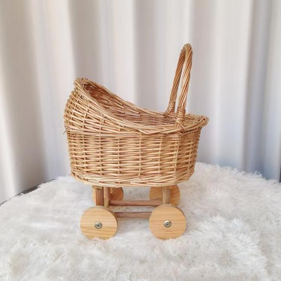 Stroller Shaped Flower Basket Rattan Woven Candy Basket with Handle Portable Decorative Rustic Basket with Wheels for Weddings Baby Showers