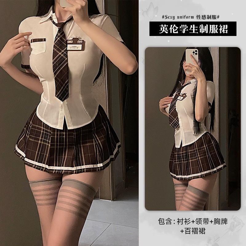 Womens Japanese Style JK Uniform Set Short Sleeve Shirt Plaid Skirt High Waist Casual Outfit