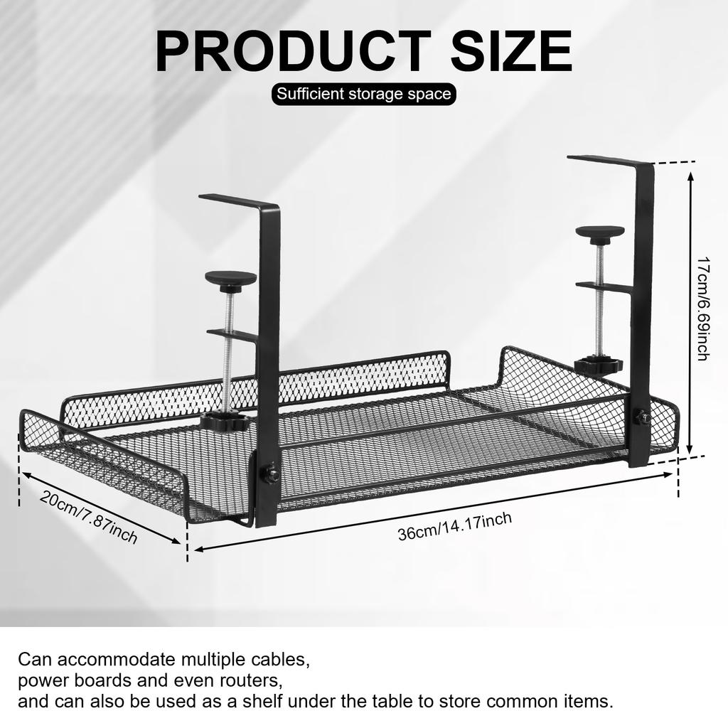 Under Table Storage Rack Under Desk Cable Management Tray with Clamps No Drilling Sturdy Spacious Supplies for Wire Management