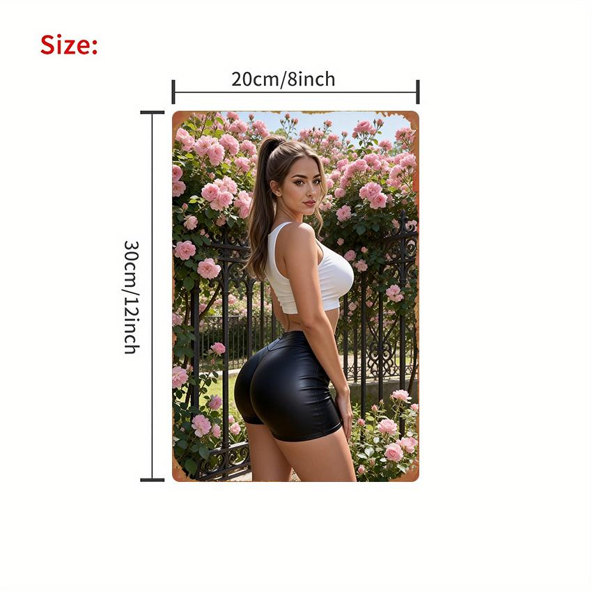 Hisun Tin Sign Sexy Brunette Busty Model in White Crop Top and Black Leather Shorts Posing by Pink Rose Garden Metal Tin Sign Vintage Iron Pai 20x30cm
