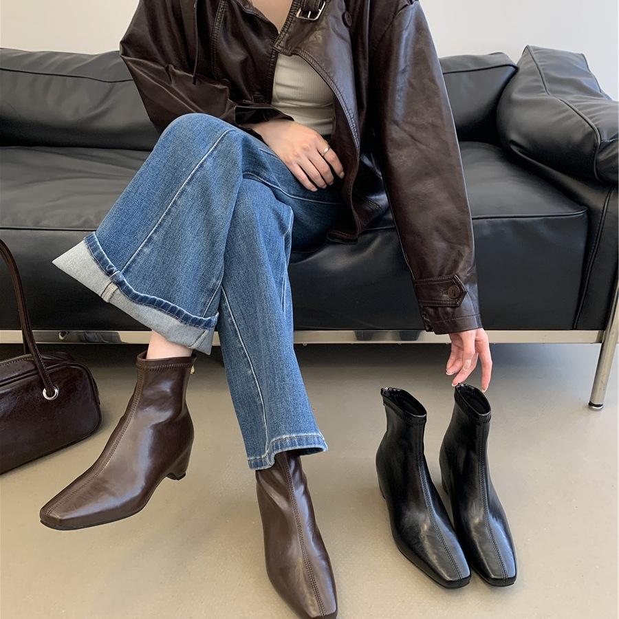New inner height increase naked boots short boots black dark brown for spring, autumn and winter women