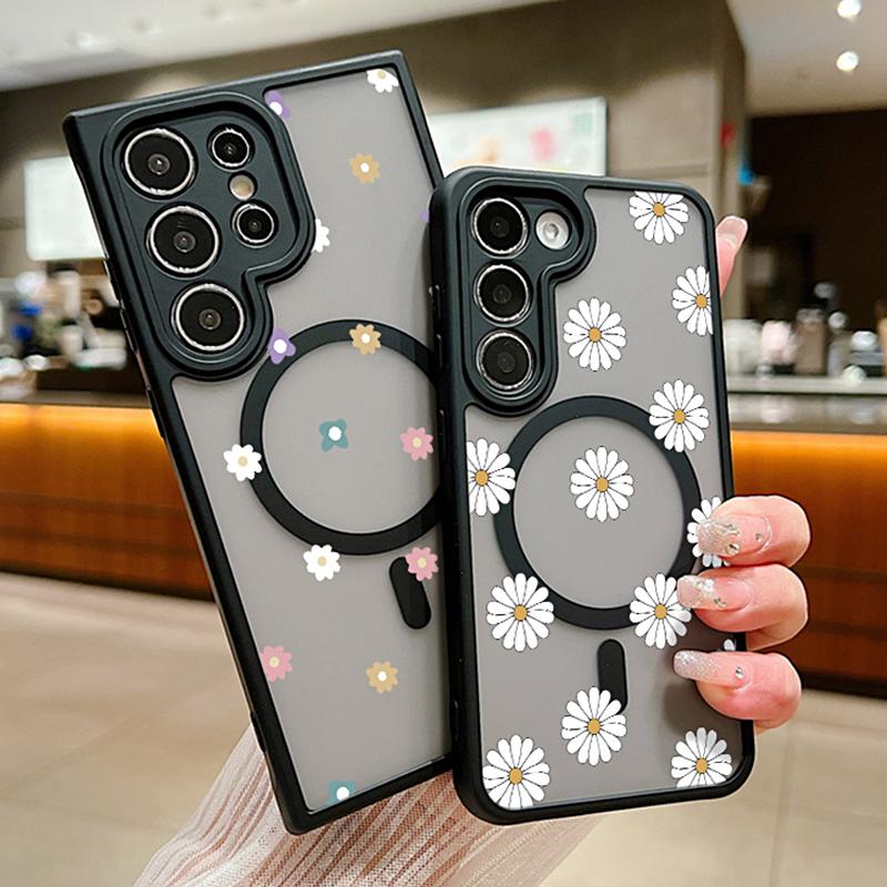 For Samsung Galaxy S24 S23 S22 Ultra S24 Plus S23 FE Flowers Case Magnetic For Magsafe Wireless Charging Clear Matte Phone Cover