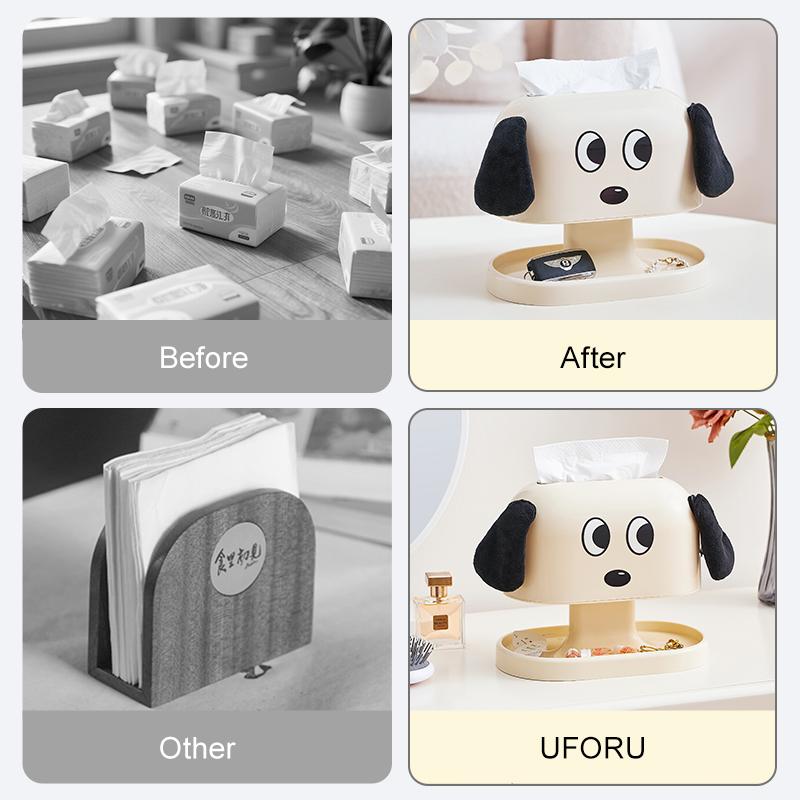 UFORU Cute Dog Tissue Box Holder with Spring, Smooth Pull Tissue Dispenser, Multifunctional Tissue Organizer
