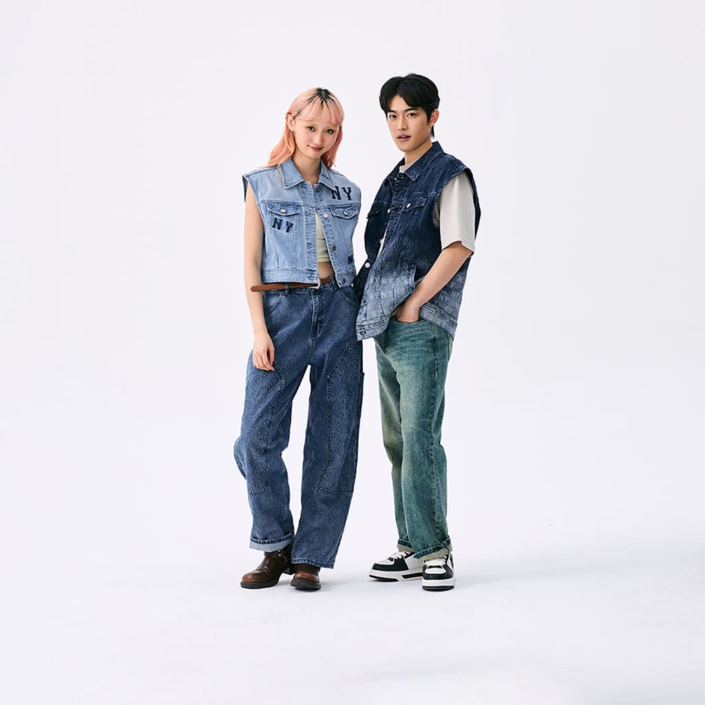 New MLB MONOGRAM Collection New York Yankees SS25 Denim Vest Unisex Dark Navy Blue 3AVTM0151-50NYD