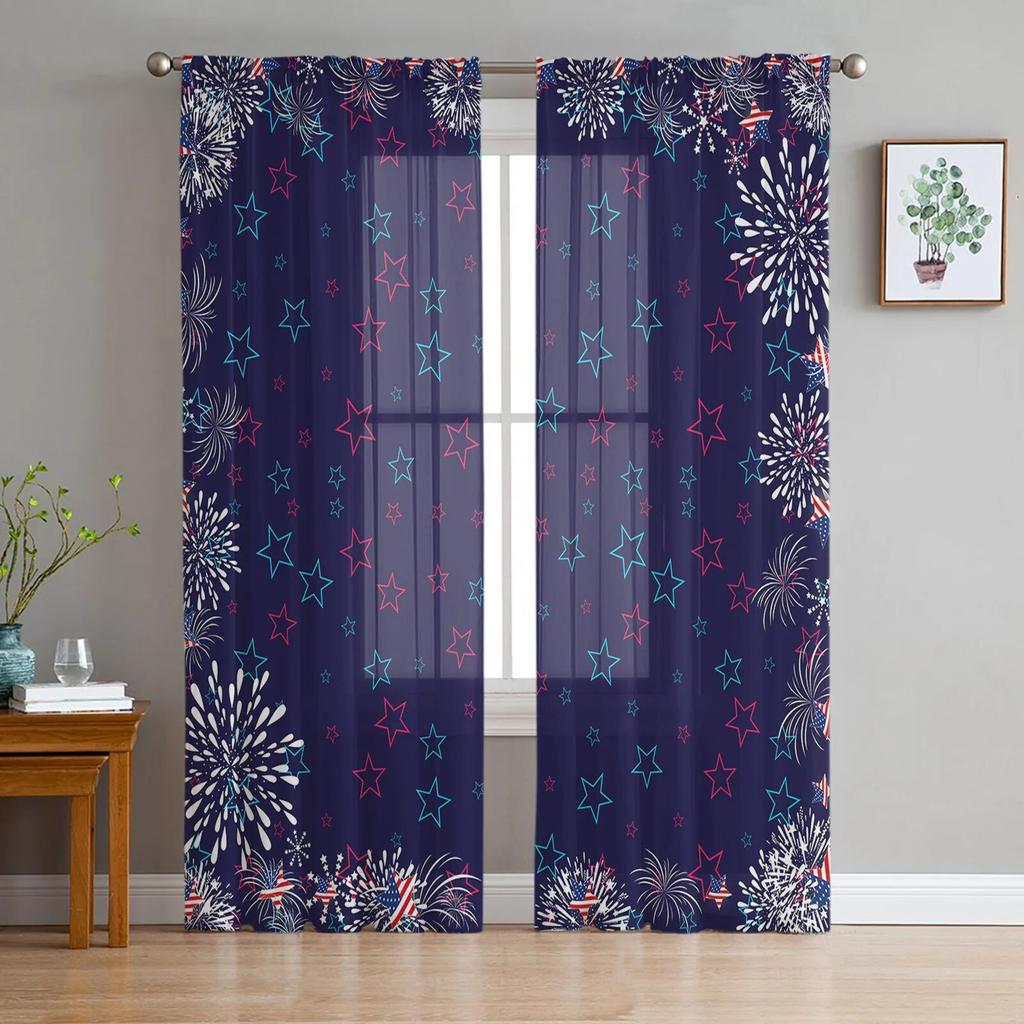 Independence Day Pentagram Fireworks Sheer Curtains for Living Room Bedroom Kids Room Tulle Window Treatment Drapes