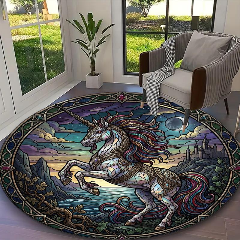 1pc Mythic Unicorn Coastal Glow Printed Chair Rug for Home Office Use, Living Room Kitchen Game Room Round Carpet