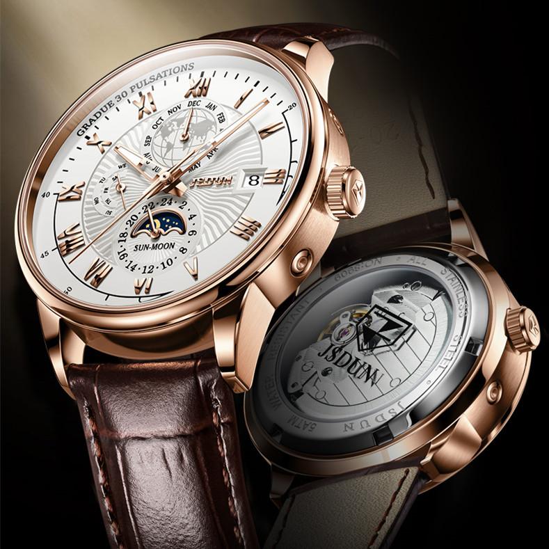 JINSHIDUN Neue Business- und Freizeit-Herrenuhr Automatische mechanische Uhr Drei-Augen-Sechs-Zeiger-Uhr Modetrend Herrenuhr