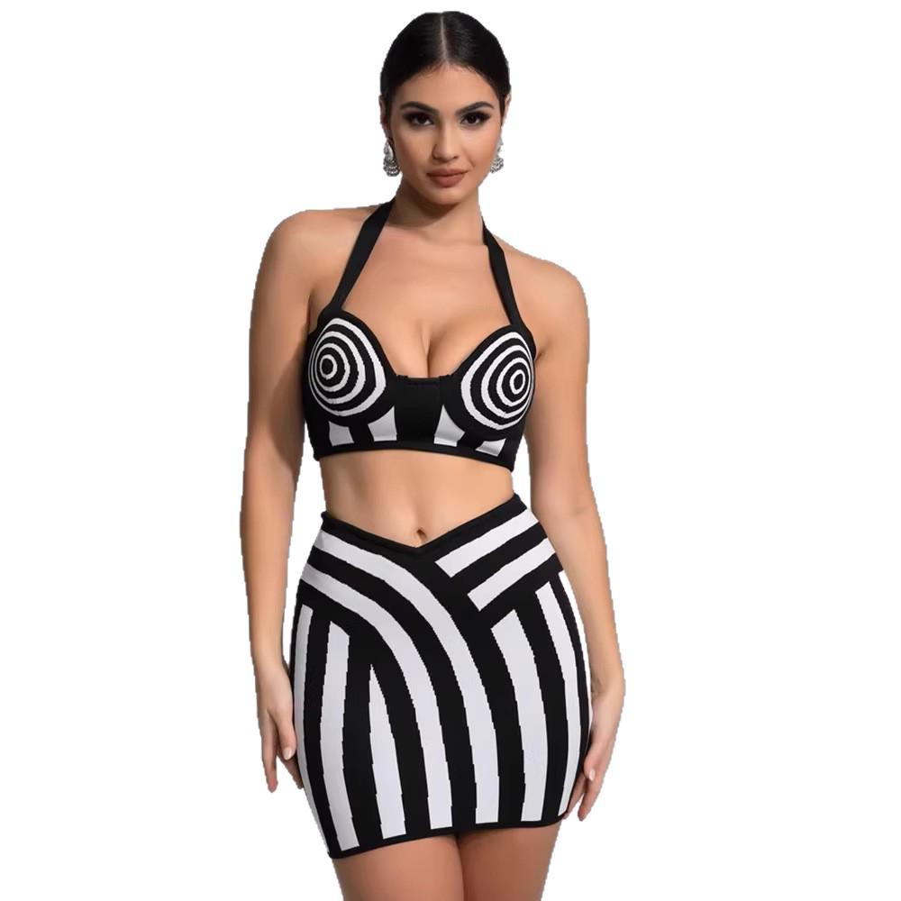 European and American Jacquard Color-Block Bandage Halter Crop Top & Hip-Hugging Skirt Two-Piece Set for Women