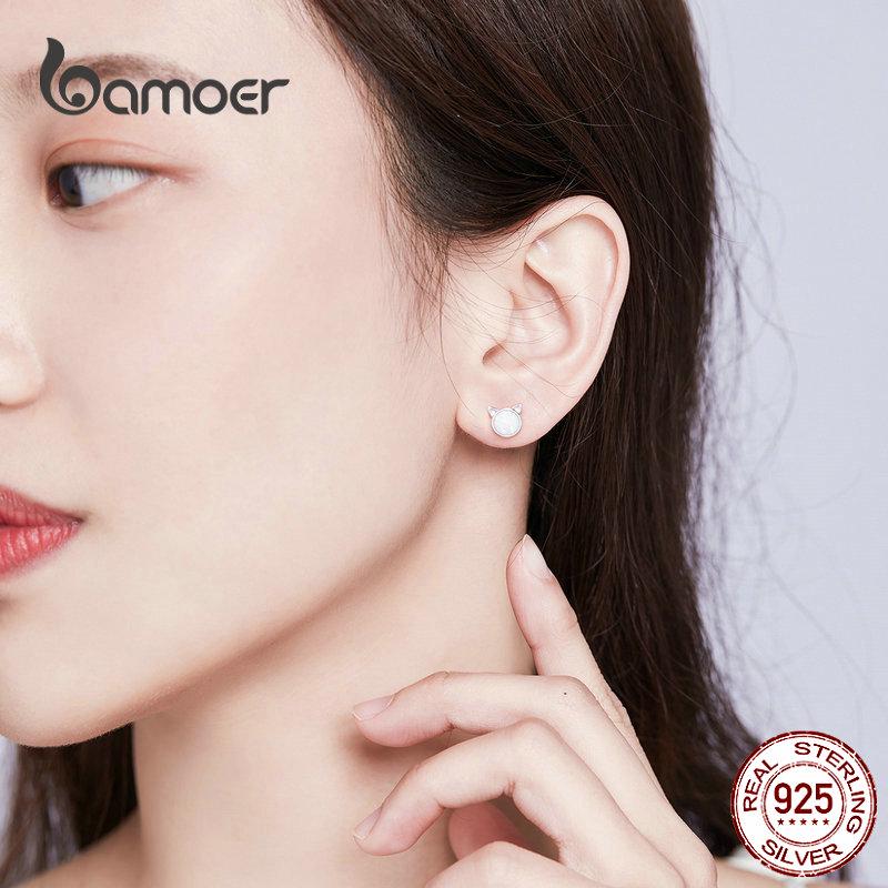 BAMOER New Arrival 925 Sterling Silver Cute Cat Ears Big Stone Small Stud Earrings for Women Fashion Earrings Jewelry