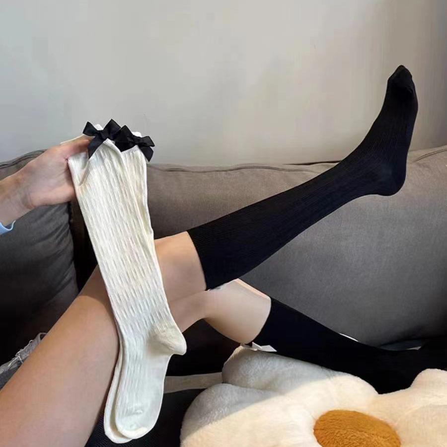 Atmungsaktive Schwarz-Weiße Schleife Kniehohe Socken - JK-Stil, Figurbetont & Süß für Mädchen