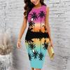 Women Plus Size Sleeveless Round Neck Midi Bodycon Dress Tropical Pineapple Floral Leaf Print Slim Fitted Dress
