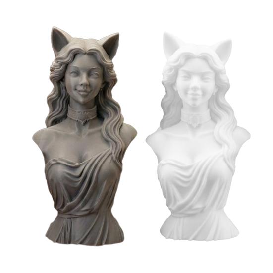 Figurina da Donna con Orecchie da Gatto Scultura Busto Femminile Stampata in 3D per Soggiorno Ufficio Scrivania Libreria Decorazione Casa