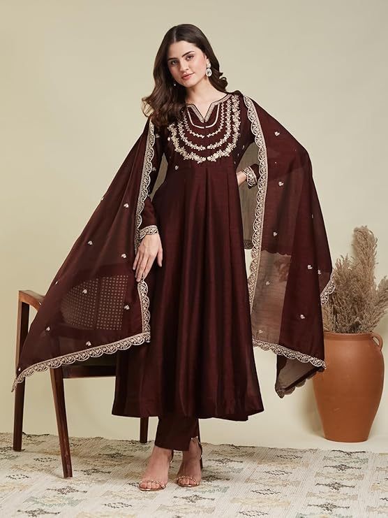Women s Silk Embroidered Anarkali Kurta and Pant Set with Dupatta | 3 Piece Ethnic Kurta Set S