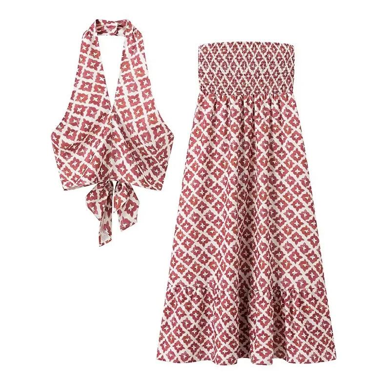 European and American women s clothing INS popular off-shoulder backless pullover neck printing high-waisted skirt set S