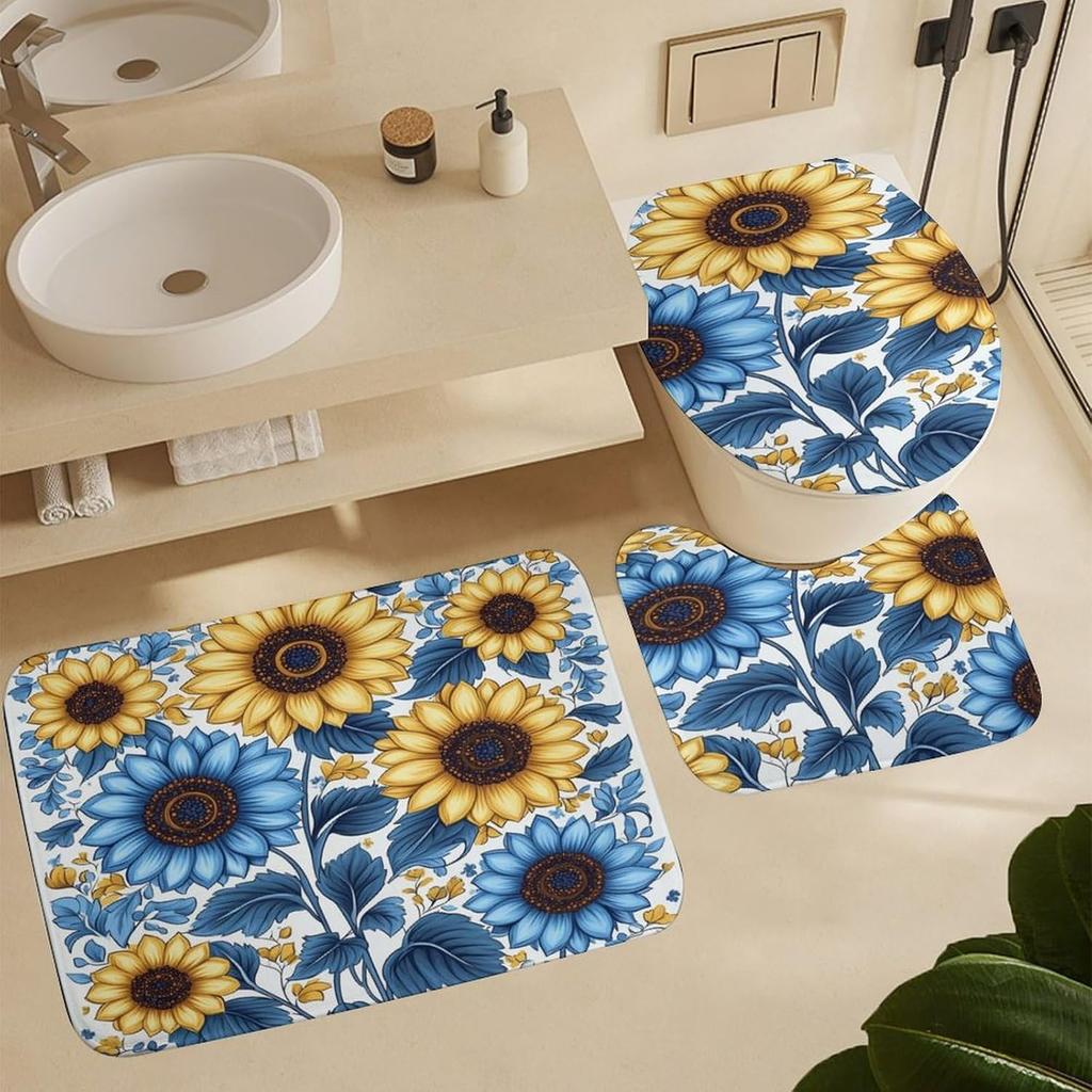 Bathroom Curtain And Rug Set, Sunflower Pattern Printed On Shower Curtain And Bath Mat Set, Designed For Farmhouse Contemporary