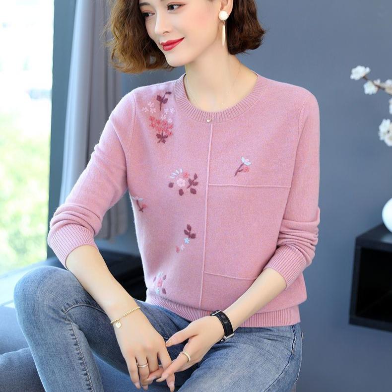 Women's Crewneck Plus Size Sweater Embroidered Loose Pullover Knitwear Stretch Knit Top Jumper Spring Autumn