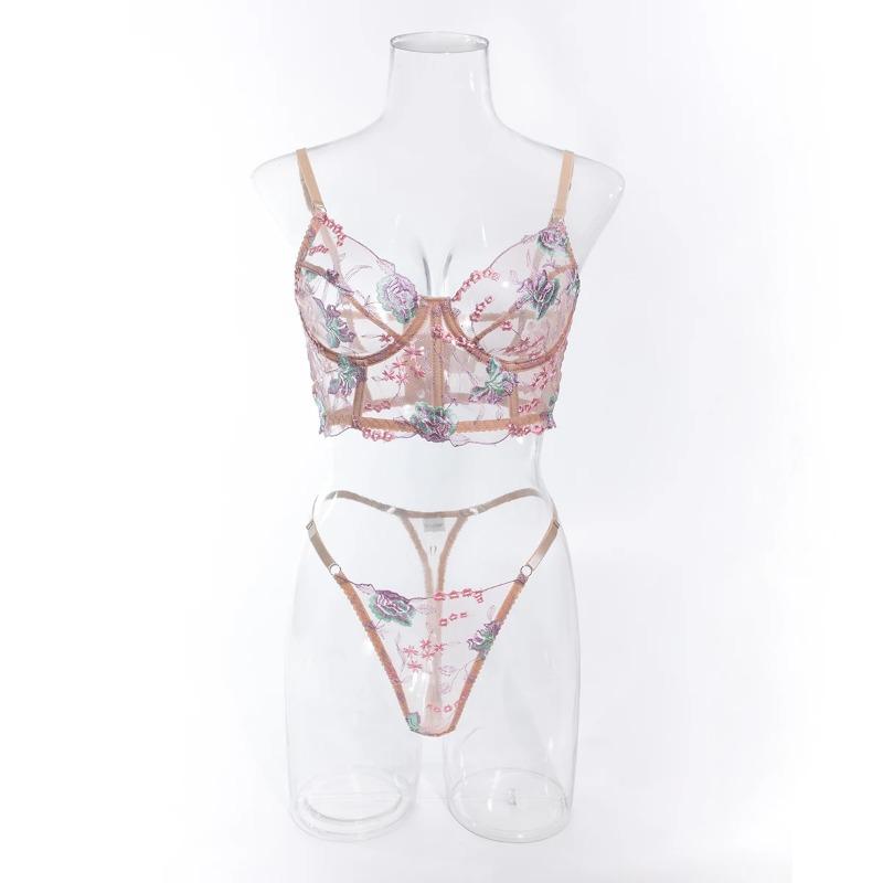 Sada spodního prádla s květinovou výšivkou Ženy Boho Smyslná Erotická Sexy 2dílná podprsenka + Spodní prádlo Set Summer Slim Fashion Chic 2024