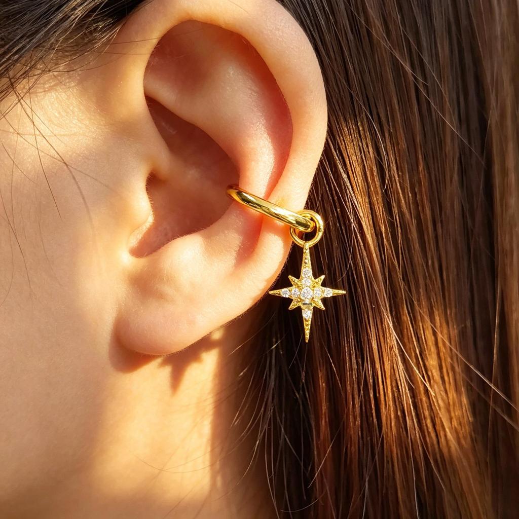 S925 Sterling Silver Eight-Pointed Star Zirconia Ear Cuff Pendant Earrings for Women