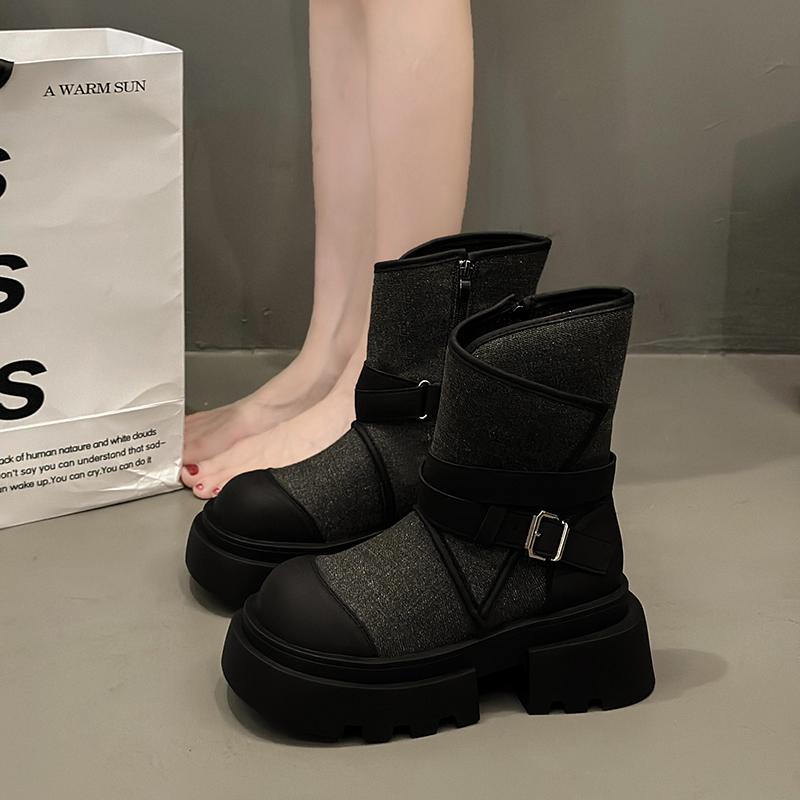 Denim Ankle Boots Women 2024 Autumn Thick Heeled Cowgirl Boots Thick Bottom Platform Shoes Ladies Elegant Morder Short Boots