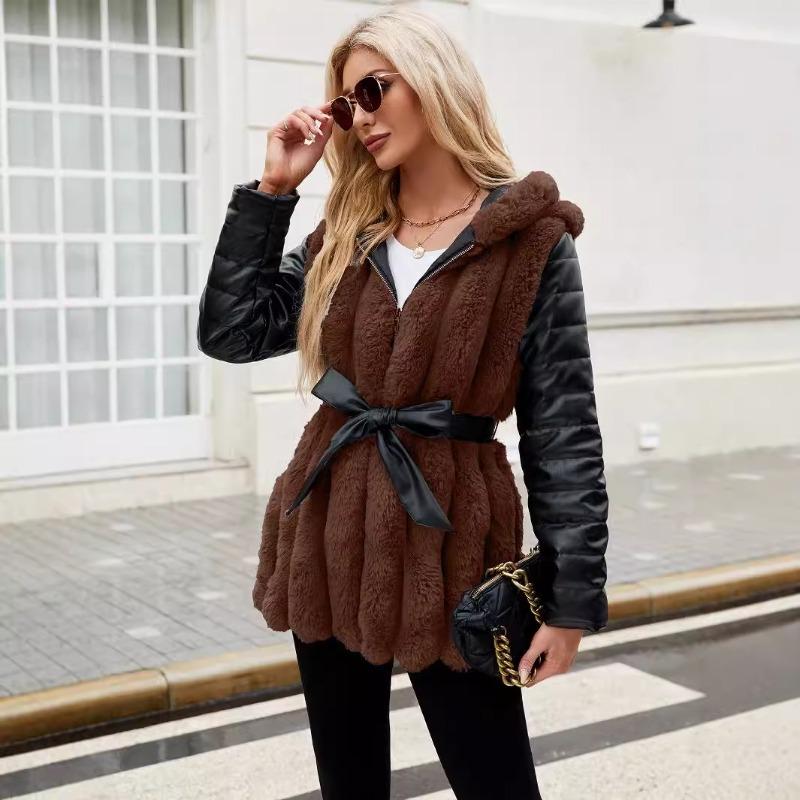 

5 Новая женская куртка из искусственного меха от Чэн Хуань, топ с капюшоном на талии, пушистая короткая куртка XXXL коричневый