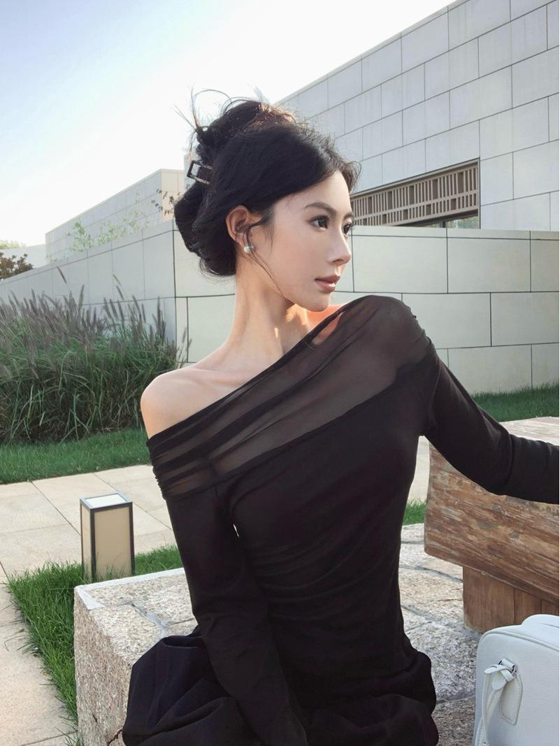Mesh Black Patchwork One-Shoulder Long-Sleeve Crop Top Small чёрный