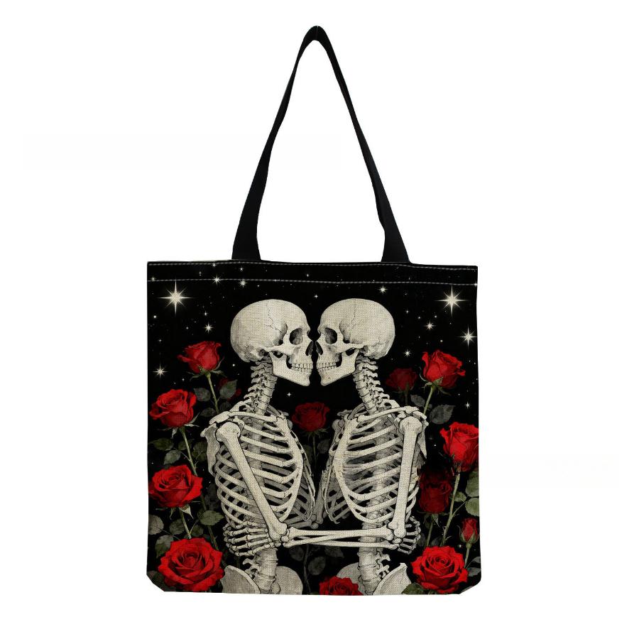 Women Vintage Linen Tote Bag - Large Capacity Skeleton Print Shoulder Handbag for Casual & Grocery Shopping KTB