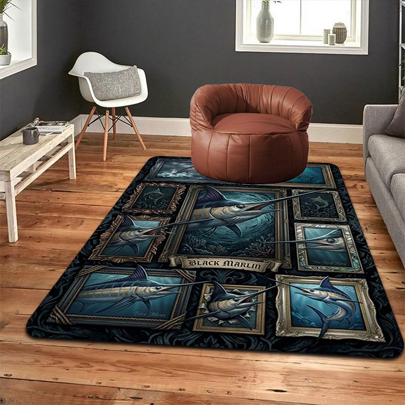 Black Marlin Collection Pattern Rug Floor Mat for Living Room or Bedroom Soft and Comfortable Carpet a Gift for Birthday and Holiday.