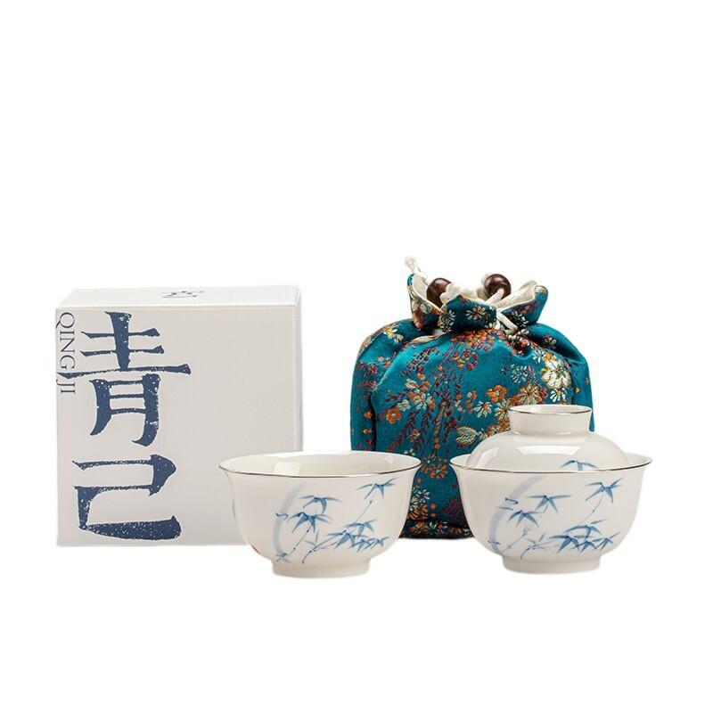 

Hand-painted Blue-and-white Travel Tea Set Kit Creative 1 Pot 3 Cups Tea Maker Organizer Portable Camping Stock Bags Ornaments