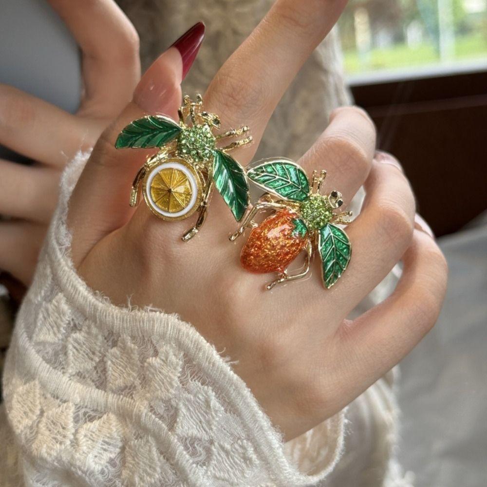 Strawberry Enamel Fruit Ring Korean Style Chunky Enamel Ring Cute Insect Drip Oil Ring  Couple