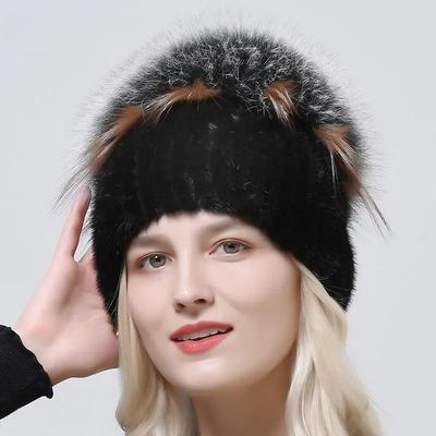 100% Genuine Real Fur Hat Women Outdoor Knitted Mink Fur Hat Elastic Fluffy Fox Fur Beanie Hat Pompom Lady Top Luxury Warm Hat