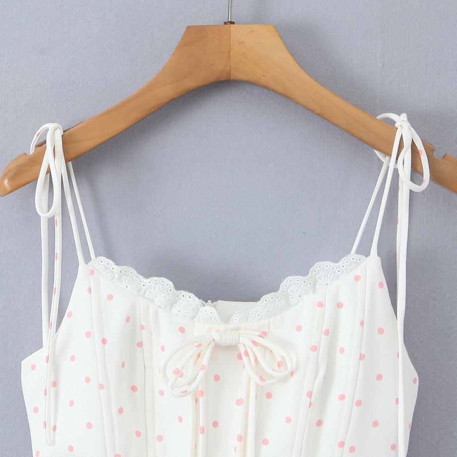 2026 Chic Sweet Polka Dot Lace Patchwork Camisole Dress with Mini Skirt