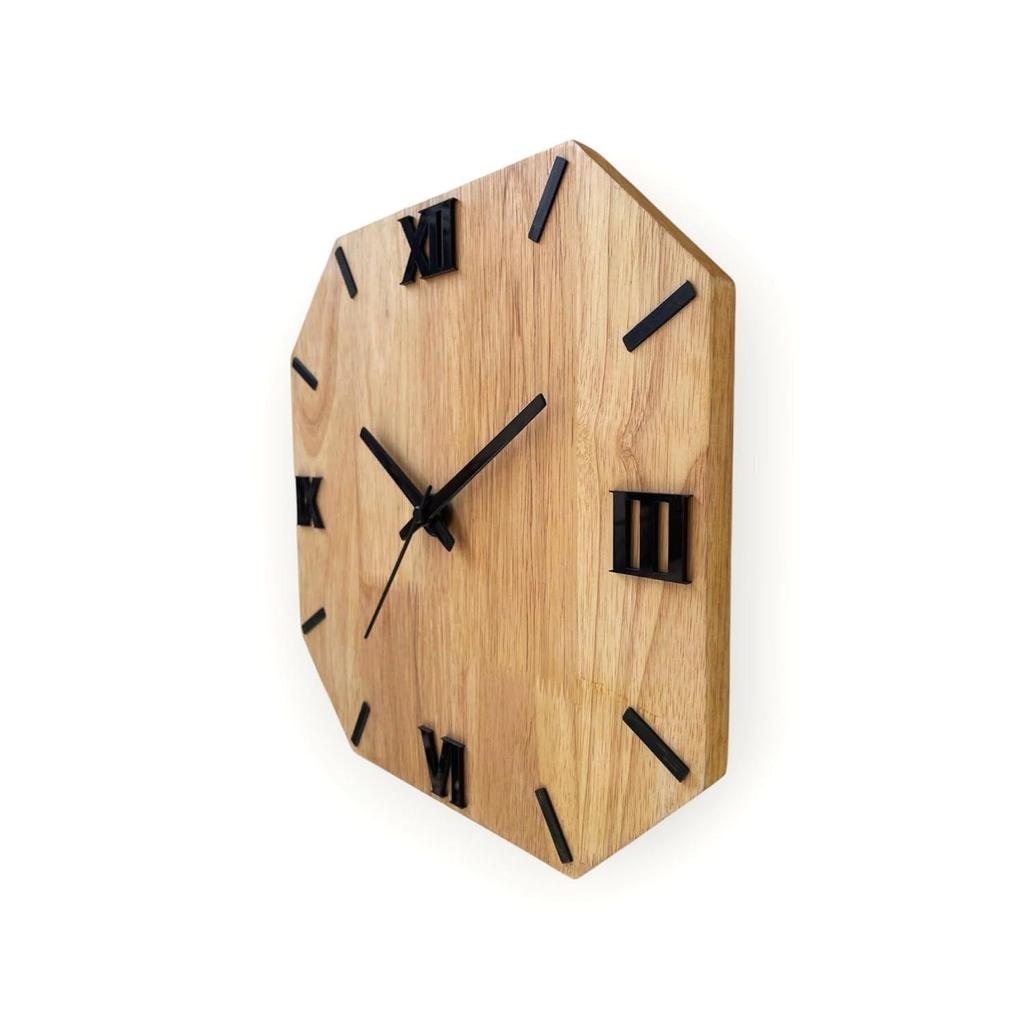 OctaROME 28cm Wooden Wall Clock – Octagonal Shape, Roman Numerals, Silent Quartz, Natural Wood Finish – Home & Office Decorative Wall Clock