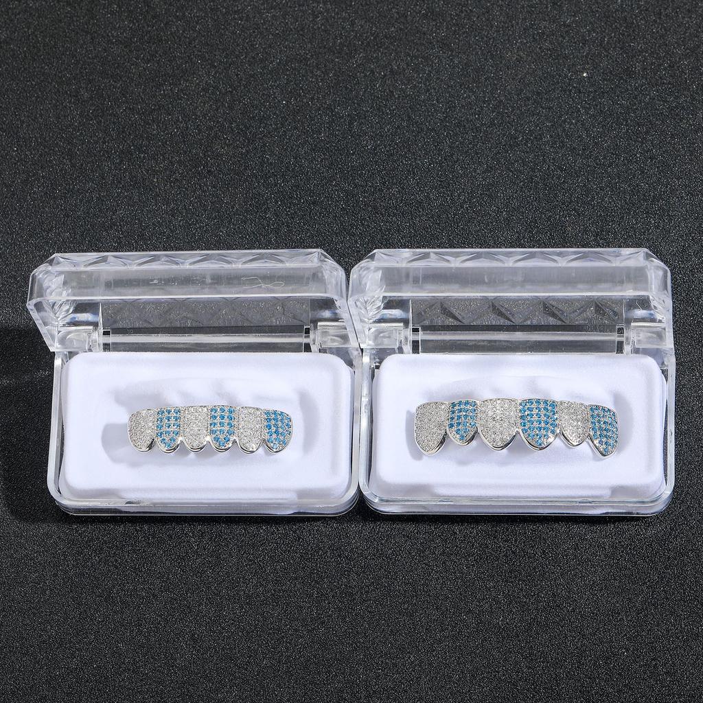 Hip Hop Sea Blue White Six Tooth Grillz Brass with Micro Inlaid Zircon Grillz Halloween Personalized Graze Grillz Jewelry