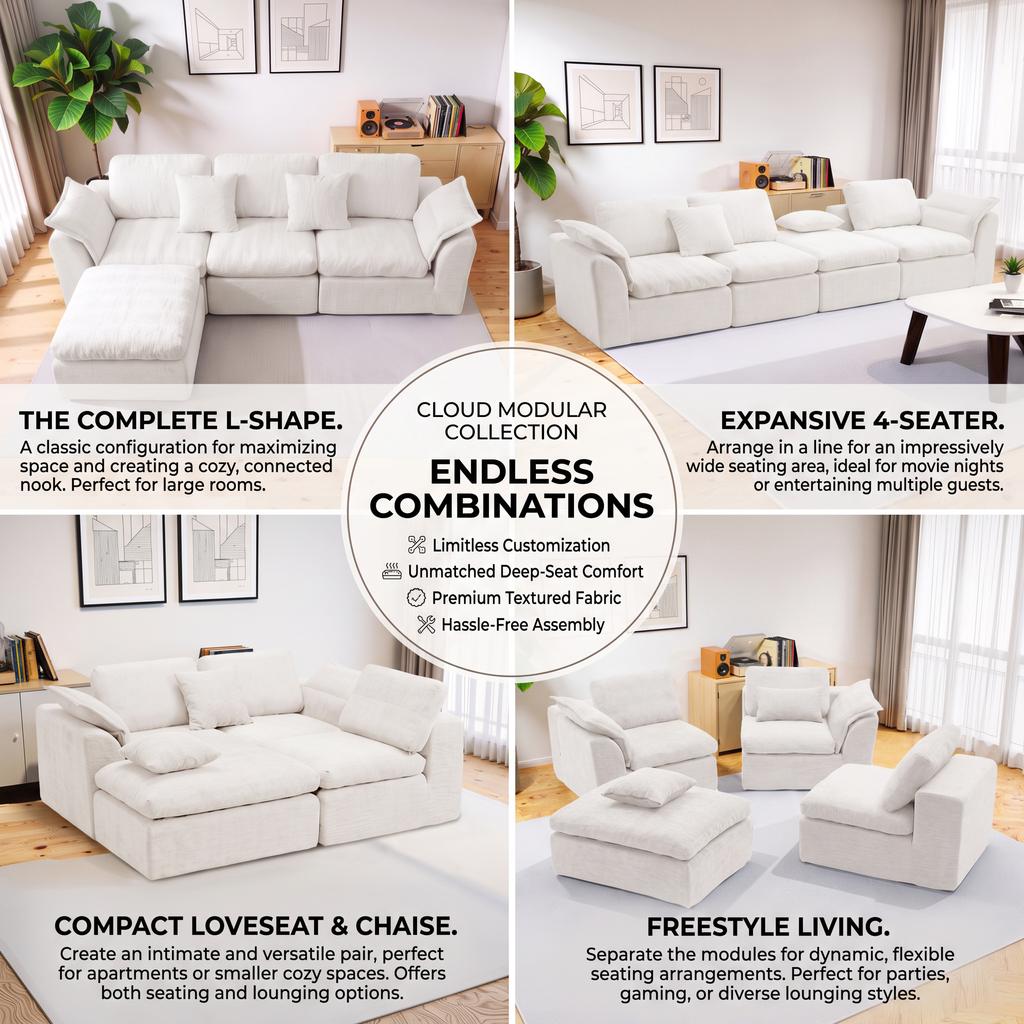 Modular Sectional Cloud Couch With Movable Ottoman, 4 Seat Modern Sofa, Deep Seat L shaped Couch For Living Room,Bedroom Apartment
