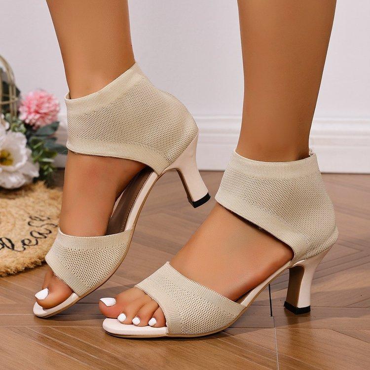 

New fish mouth flat head fly-woven sandals wind fine heel summer fashion 42 бежевий