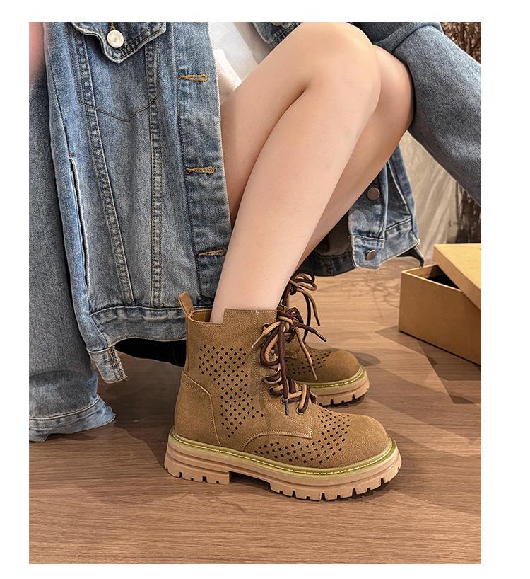 Outdoor Hollow Inner Heightening Martin Boots Women's 2025 New Summer Breathable Short Boots Brown Western Mountaineering Cowboy Boots