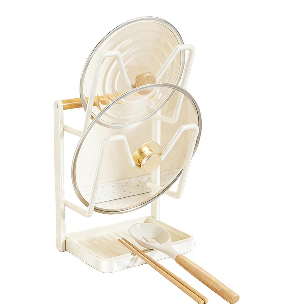 Kitchen Pot Lid Storage Rack Carbon Steel Pot Lid Holder While Cooking Pot Lid Stand with Spoon Rest Removable Drip Tray