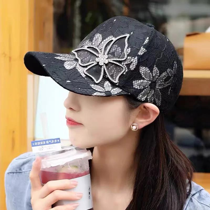WTEMP Summer Female Butterfly Lace Rhinestone Breathable Sunscreen Baseball Cap Mesh Solid Color Fashion Versatile Caps