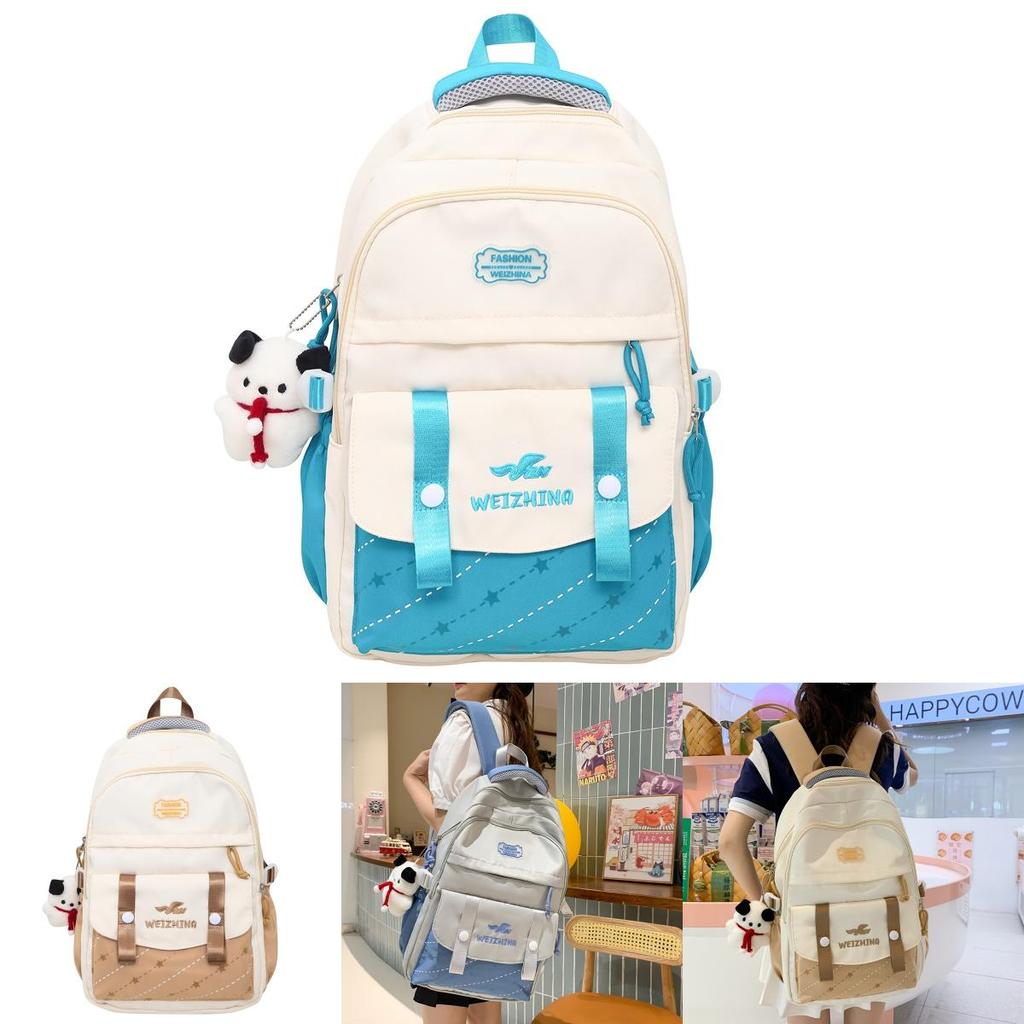 Color Blocked Letter Embroidery Student Backpack With Plush Pendant For Daily Use