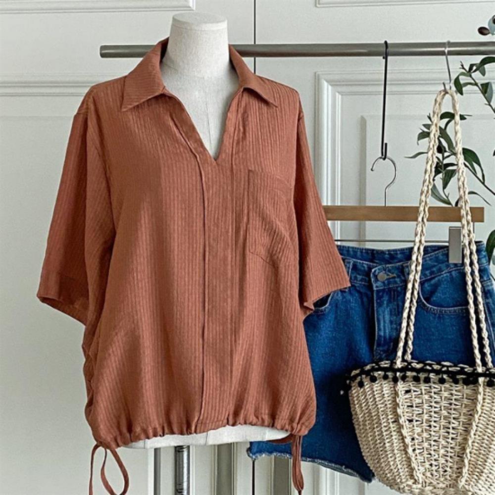 New Arrivals Open Run Women Loose Fit String Short Sleeve Shirt Pocket Design