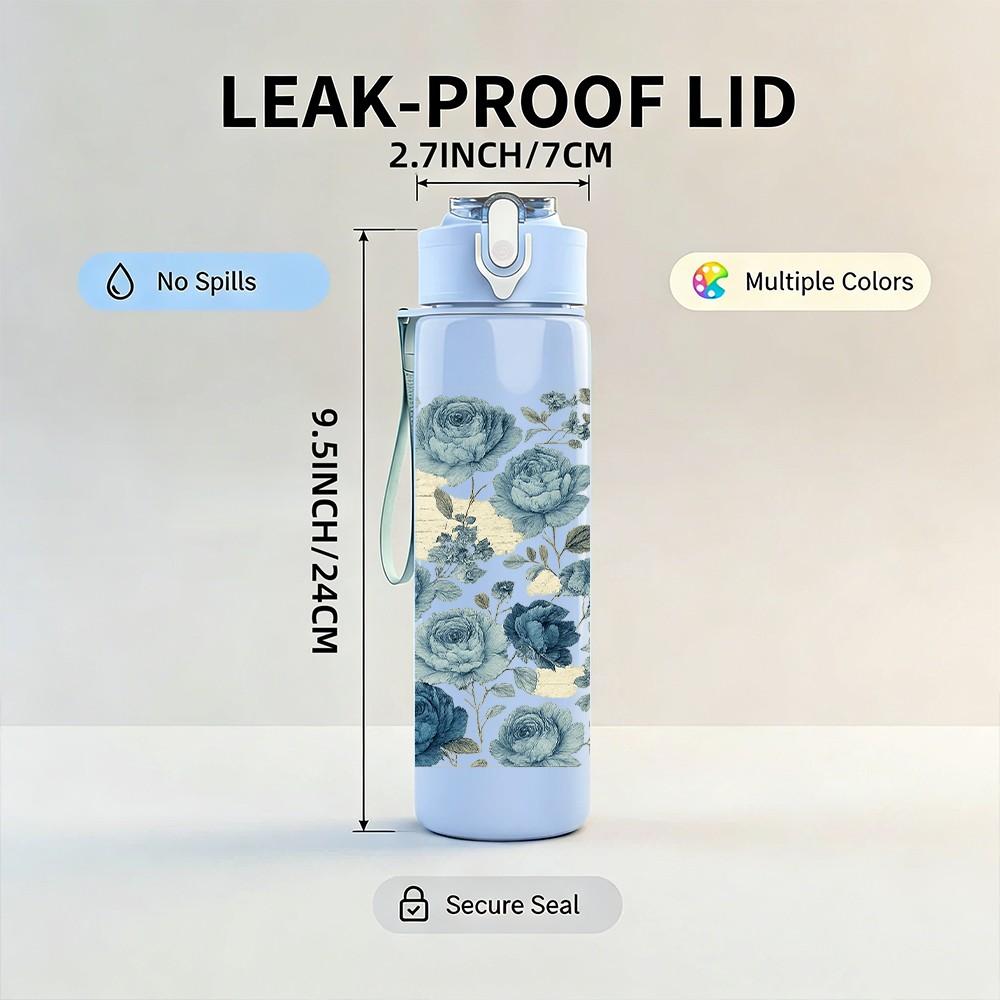 1PC Blue White Floral Seamless Pattern Print 750ml Color Plastic Sports Water Bottle Leakproof Flip Straw Lid Suitable for Sports Office Home Use