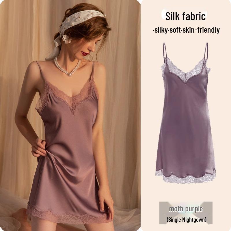 Camisón de Encaje de Seda de Hielo de Alta Gama Verano 2025 para Mujer - Estilo Puro Deseo con Almohadilla en el Pecho, Talla Grande Disponible