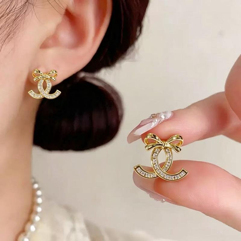 Women Small Luxury Double C Full Rhinestone Butterfly Stud Earrings Fashion Jewelry