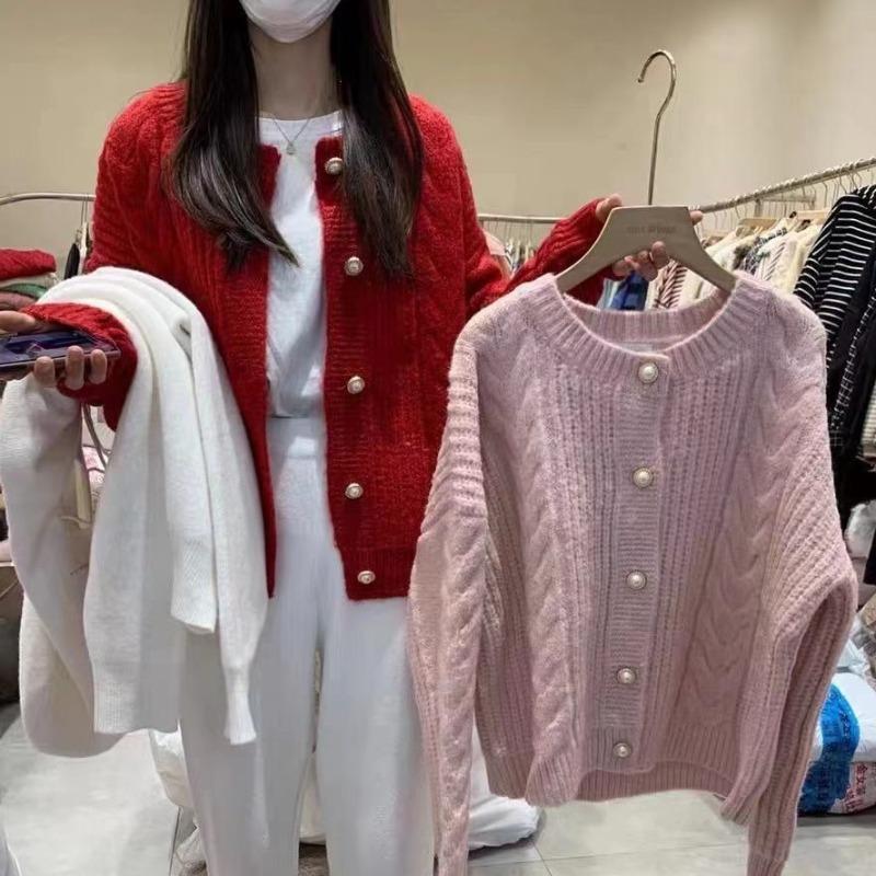 Spring and Autumn Short Twist Sweater Cardigan Women's Loose Lazy Wind Crew Neck Sweater Women's