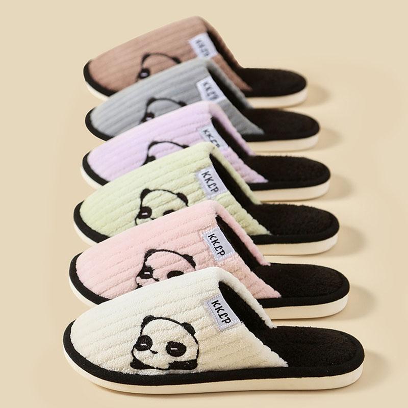 Fashion Cute Panda Plush Home Slippers for Women Comfortable Soft Sole Bedroom Cotton Shoes Woman Winter Non Slip Warm Indoor Slippers