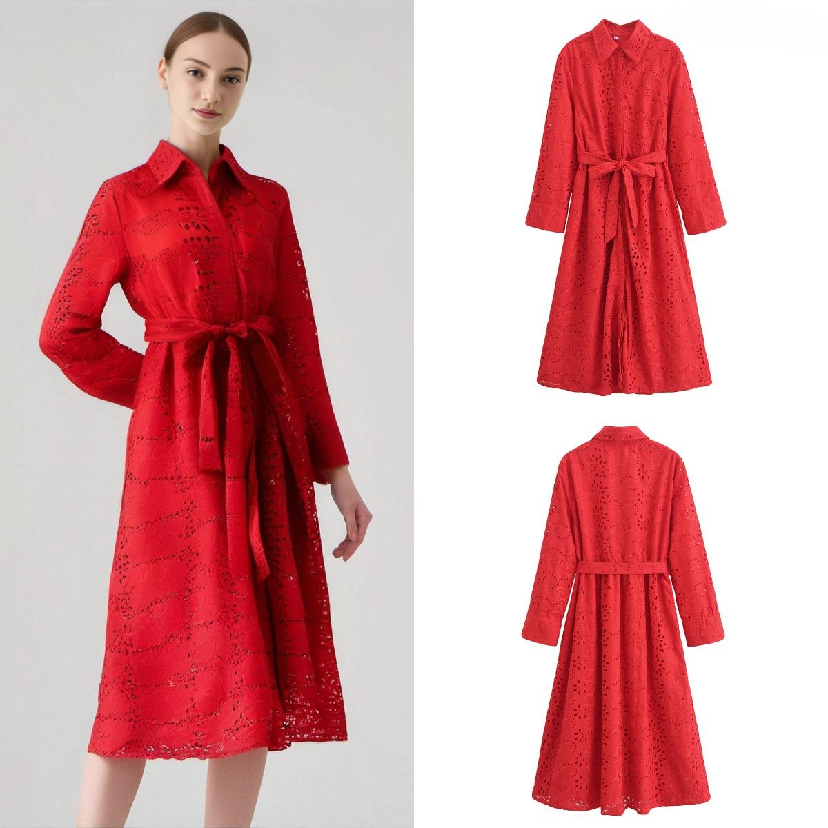 

2024 Осень Новые женские красные повседневные свободные галстуки с лацканами, вышитые длинные платья