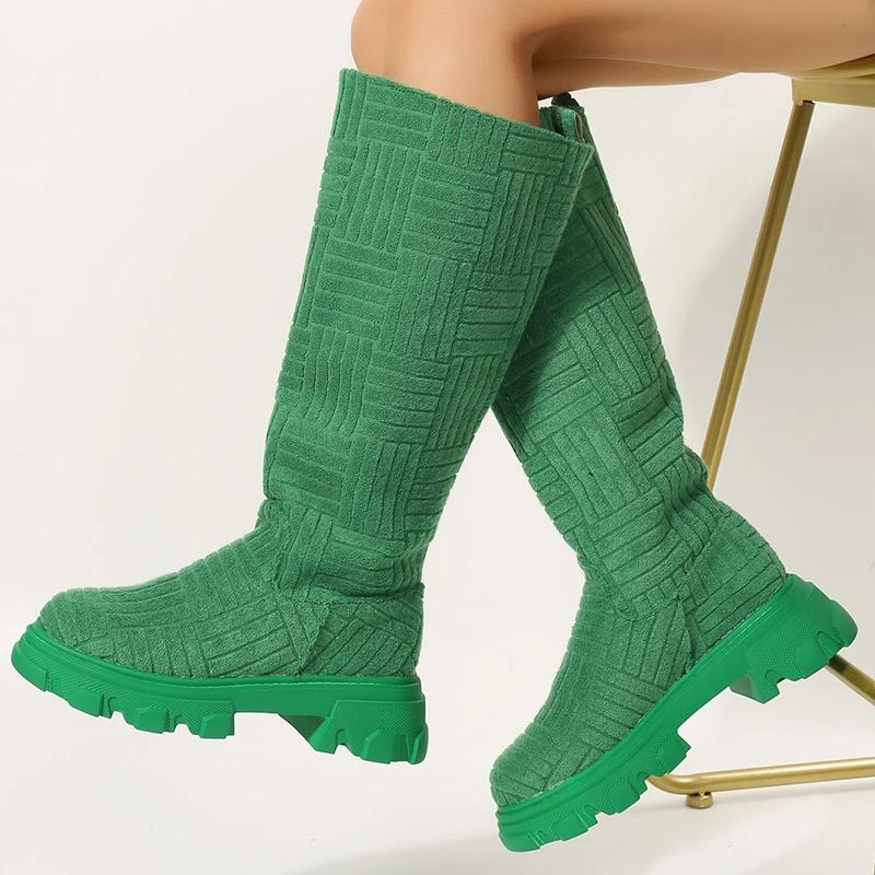 Fashion Plus Size 43 Women Platform Shoes Round Toe Slip-On Knee-high Boots Fashion Anti Slip Thick Sole Mid Heels Botas Mujer