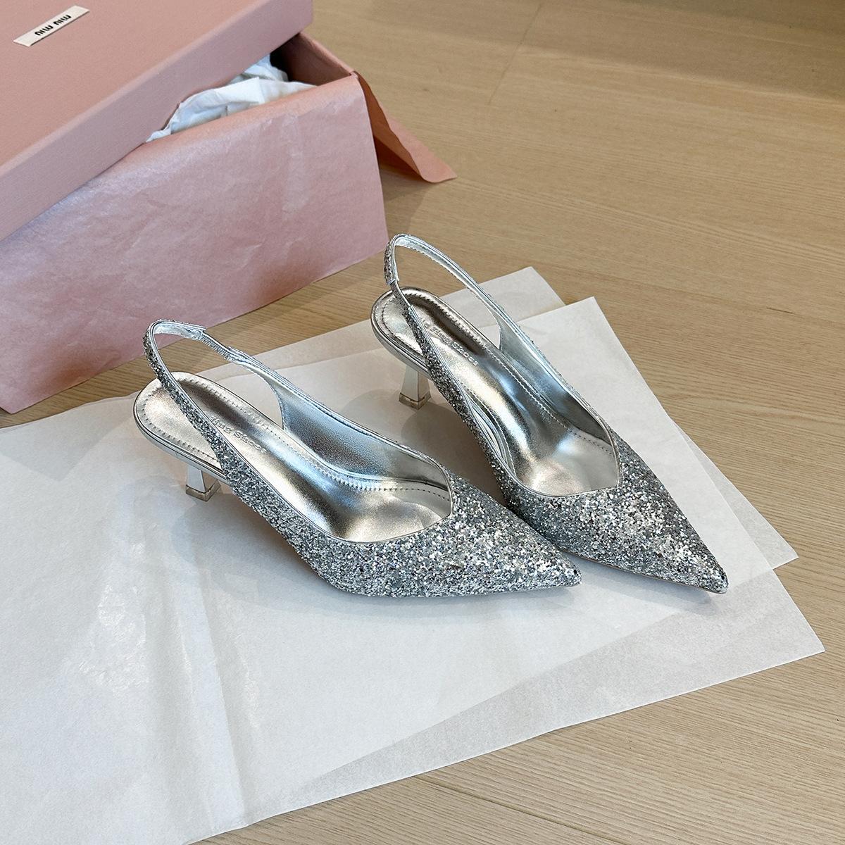 

699-133 French premium pointed back empty shoes new elegant shiny wedding dress high heels silver stilettos 40 серебряный